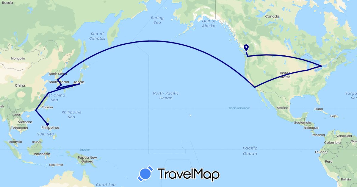 TravelMap itinerary: driving in Canada, China, Japan, South Korea, Philippines, United States (Asia, North America)
